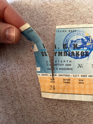 Εισιτήριο αγώνα ΑΕΚ Ολυμπιακός μεταχειρισμένο, κύπελλο 2000 με σκίσιμο