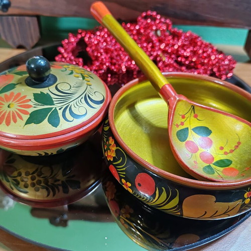 Russian Khokhloma utensils new, wooden, hand-decorated