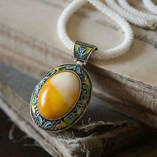 Vintage Faux Agate Pendant Necklace and Adjustable Ring Set new