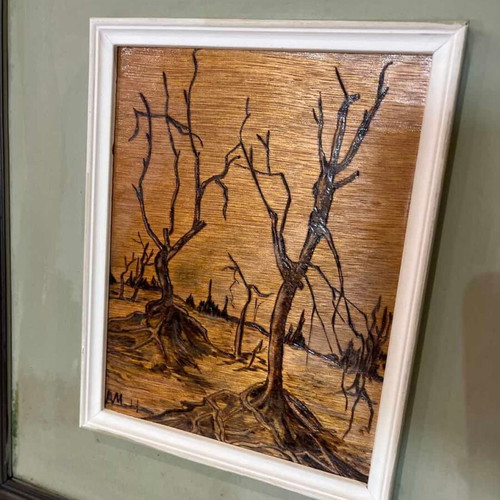 Vintage pyrography wall frame with tree illustration and artist signature 40x36
