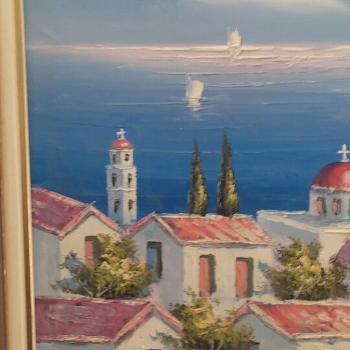 Billis oil painting like new, Greek island landscape on canvas