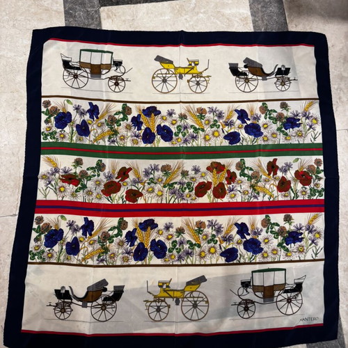 Mantero vintage silk scarf with antique carriages and colorful floral motifs