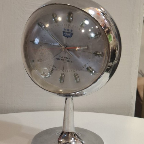 70's Tokyo Tokei manual wind-up alarm clock used, space age retro