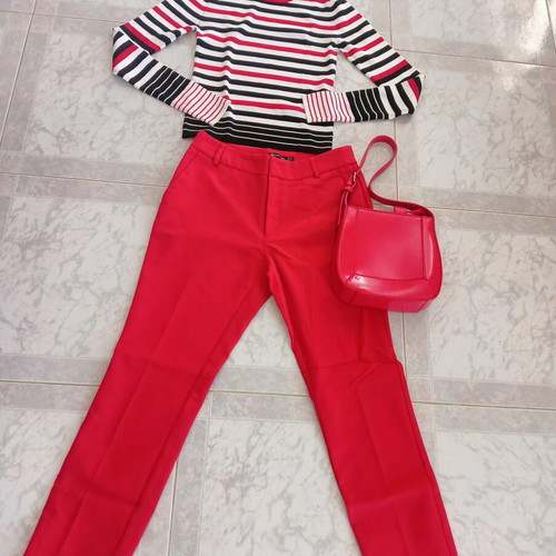 Zara striped women's blouse with bag and Stradivarius trousers set