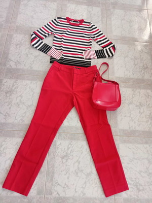 Zara striped women's blouse with bag and Stradivarius trousers set