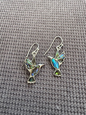 Hummingbird Earrings with Abalone Shell like new, silver plated