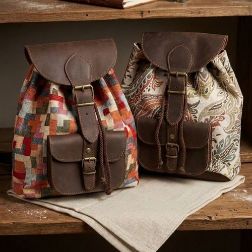Modern Retro backpack new, genuine leather and woven fabric