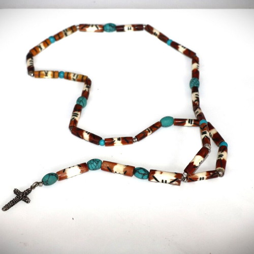 Rosary necklace new with carved bones, semi-precious stones and 925 silver cross