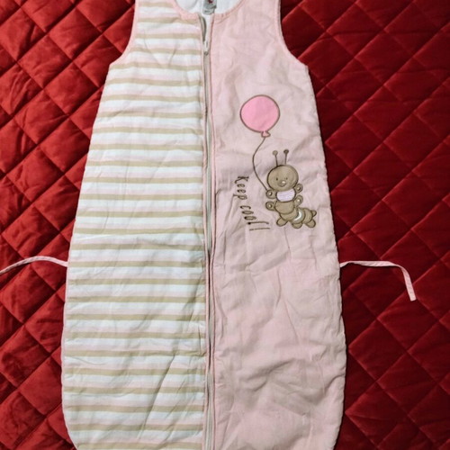 Baby Club sleeping bag like new, pink and white stripes with caterpillar design