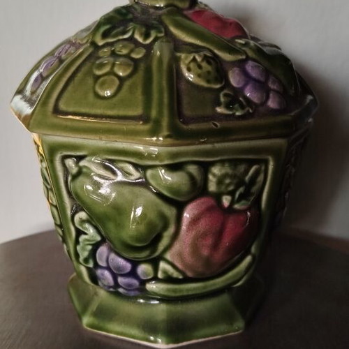 Vintage Japanese ceramic covered jar Majolica style