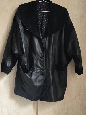 Vintage oversized black leather jacket with wide collar