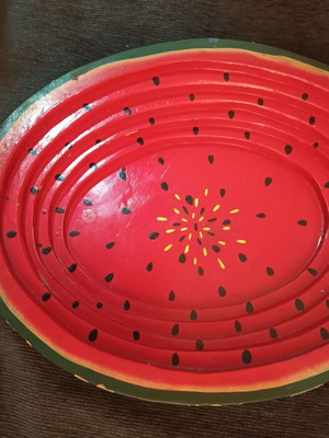 Wooden fruit bowl used with hand-painted watermelon design