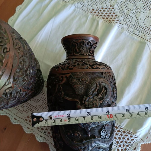 Wooden carved vases like new, solid ebony with dragons and flowers