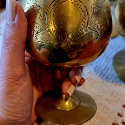 Set of 6 used vintage brass brandy glasses 1950s