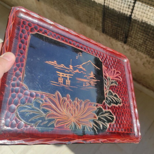 Japanese 1970s Lacquerware Carved Wooden Tray Red/Black 33x23cm like new