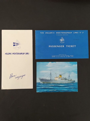Hellenic Mediterranean Lines (HML) 1965 Media ship passenger ticket with postcard