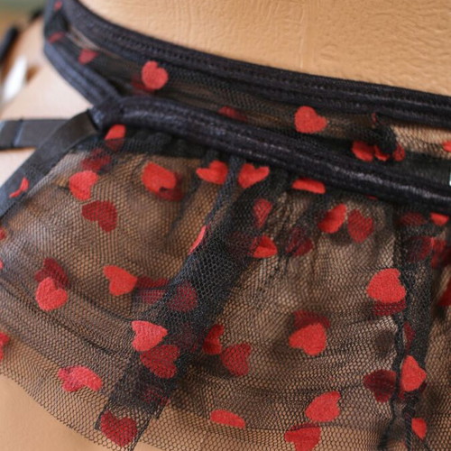 Three-Piece Lingerie Set with Lace Black and Red Hearts New