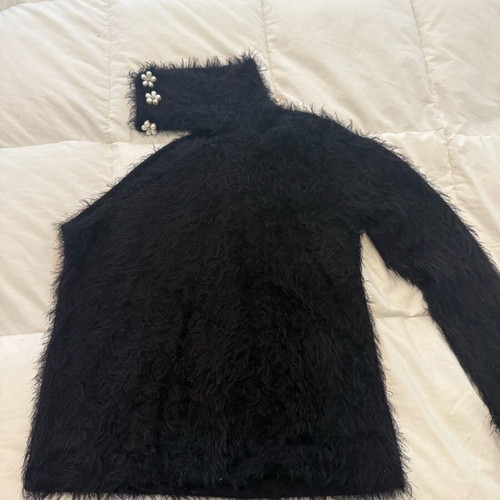 Fluffy black blouse like new with floral pearls, one sleeve, small medium