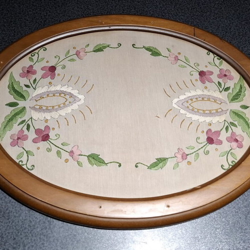 Handmade Serving Tray with Embroidery and Wooden Frame used