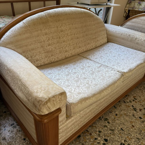 Sofa and armchair used, good condition with wooden frame and fabric
