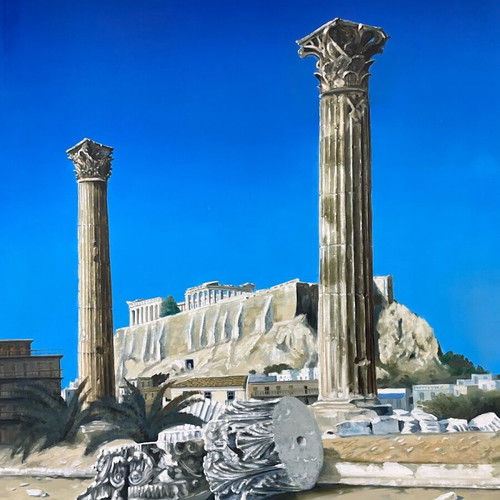 Oil painting used by Dimitris Kourtis featuring the columns of Olympieion