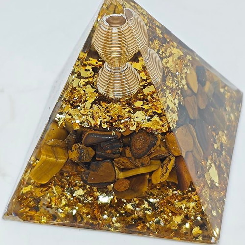 Orgonite pyramid with Tiger's Eye and gold leaves like new