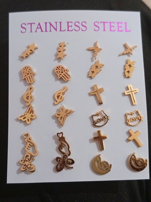 Stainless steel earrings new, pack of 12, gold-colored