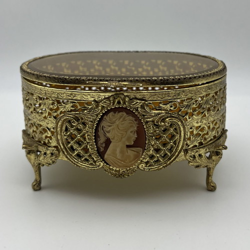 Vintage 1960s/70s Gold Plated Jewellery Box used with Cameo decoration