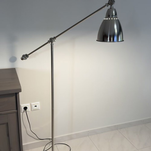 Metal adjustable floor lamp, industrial modern design, satin nickel