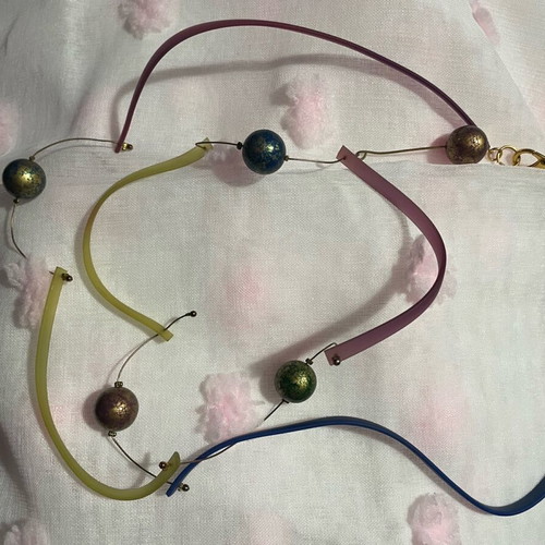 Long necklace used with gold-plated multicolor beads and plastic parts