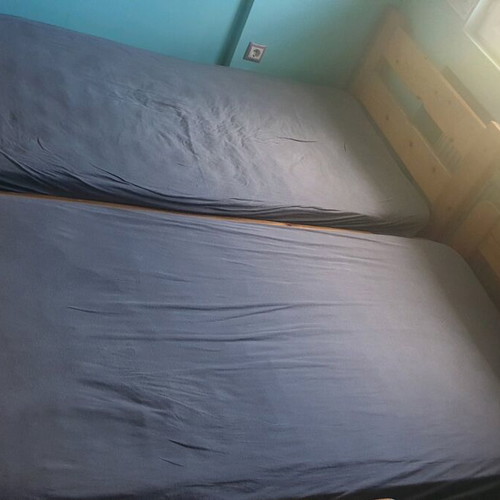 Wooden bunk bed used, solid wood, includes mattresses and nightstands