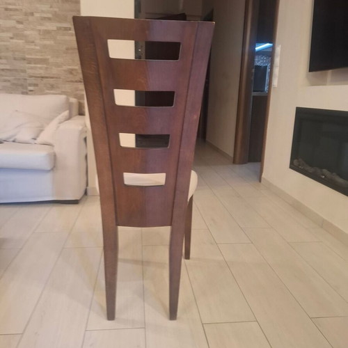 Set of 6 wooden dining chairs, dark wood with light fabric