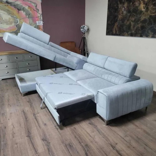 Light Blue Fabric Corner Sofa with Sleep Function and Storage Like New