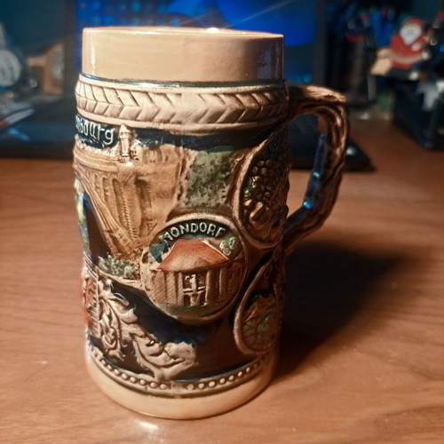 Vintage ceramic beer mug with embossed Luxembourg scenes, like new