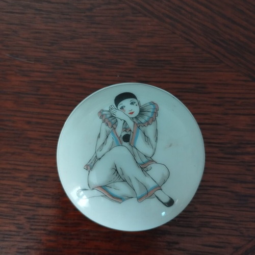 Porcelain jewelry box used, Pierrot design, 5cm vintage