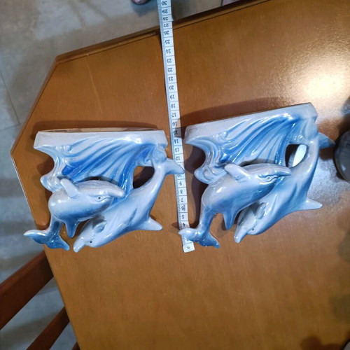Porcelain blue decorative dolphin pair like new