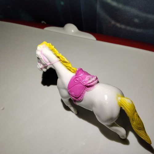 White Horse Figure with Yellow Mane and Pink Saddle used, 10cm