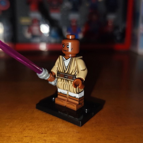 Mace Windu Lego minifigure with purple lightsaber and stand