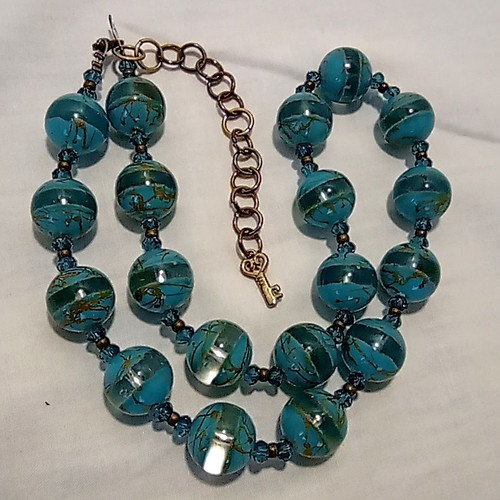 Boho Summer Choker Necklace with Large Striped Turquoise Glass Beads 44cm + 7cm