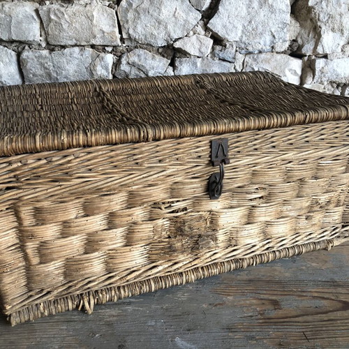 Vintage wicker chest used, rustic decor storage box