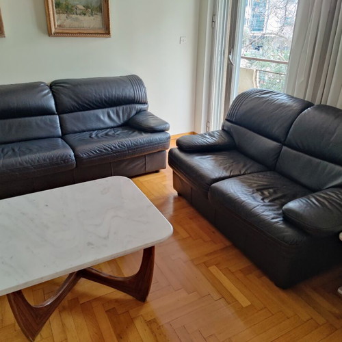 Leather two-seater sofas used, black color, set of 2