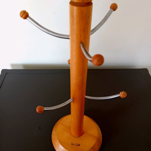 Wooden cup holder with inox elements like new, height 36 cm