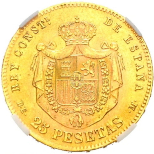 Gold coin 25 pesetas Alfonso XII 1876 like new
