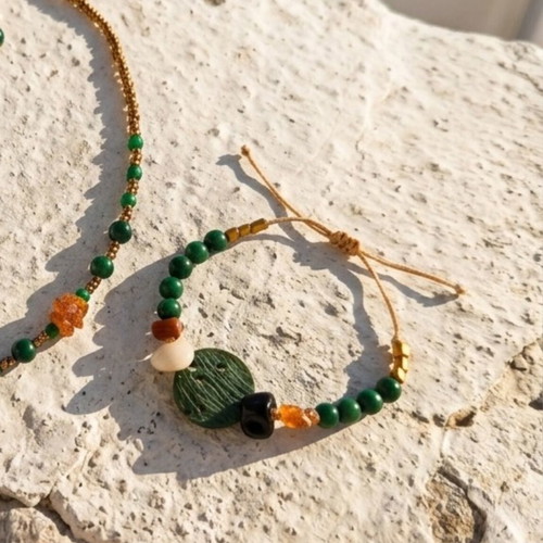 Necklace and bracelet set with amber, nephrite, and hematite new