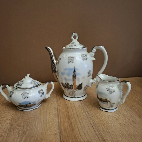 Vintage Bavaria porcelain tea set with painted Italian city scenes, like new