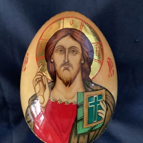 Handmade Wooden Decorative Egg with Jesus Christ Pantokrator Image like new