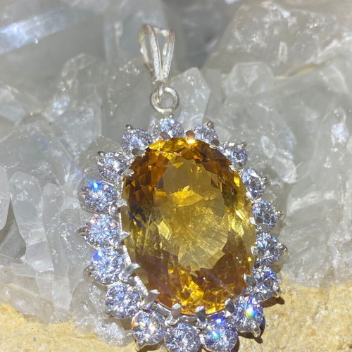 Silver pendant with large cut citrine stone and moissanites, new