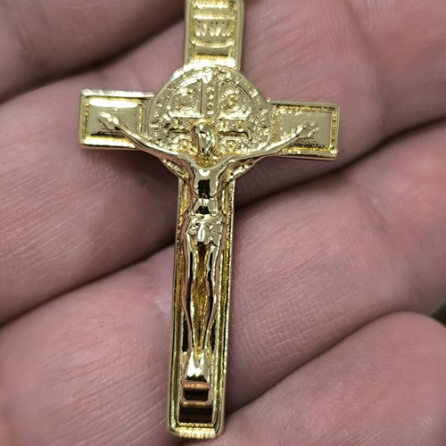 Men's cross pendant with crucifix and Saint Benedict, gold tone stainless steel, new