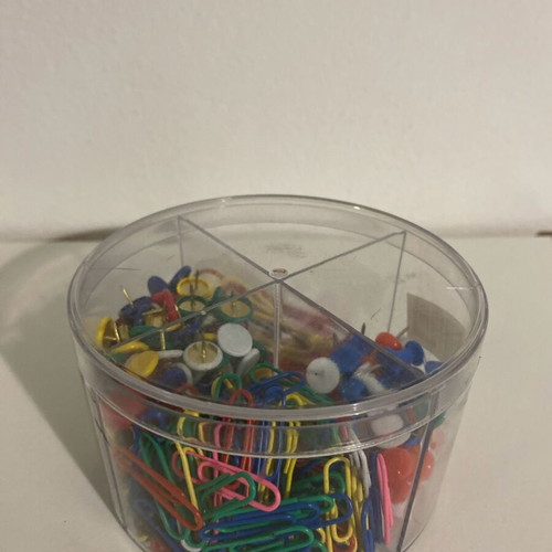 Box with pins and paper clips used, 4 compartments
