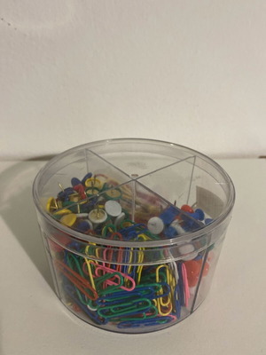 Box with pins and paper clips used, 4 compartments